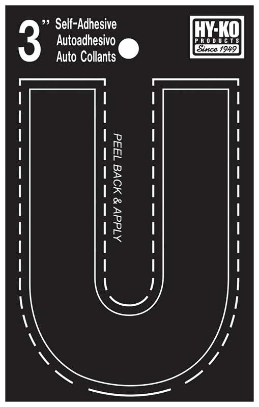 Hy-Ko 30400 Series 30431 Die-Cut Letter, Character: U, 3 in H Character, Black Character, Vinyl