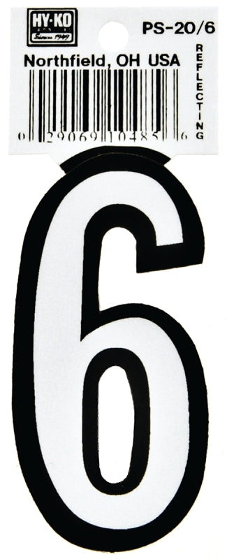 Hy-Ko PS-20/6 Reflective Sign, Character: 6, 3-1/4 in H Character, Black/White Character, Vinyl