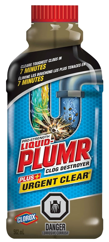 Liquid-Plumr Urgent Clear 01368PK01 Drain Opener, Liquid, Pale Yellow, Bleach, 502 mL Bottle