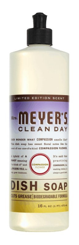 Mrs. Meyer's Clean Day 11383 Dish Soap, 16 fl-oz Bottle, Liquid, Compassion Flower, Colorless