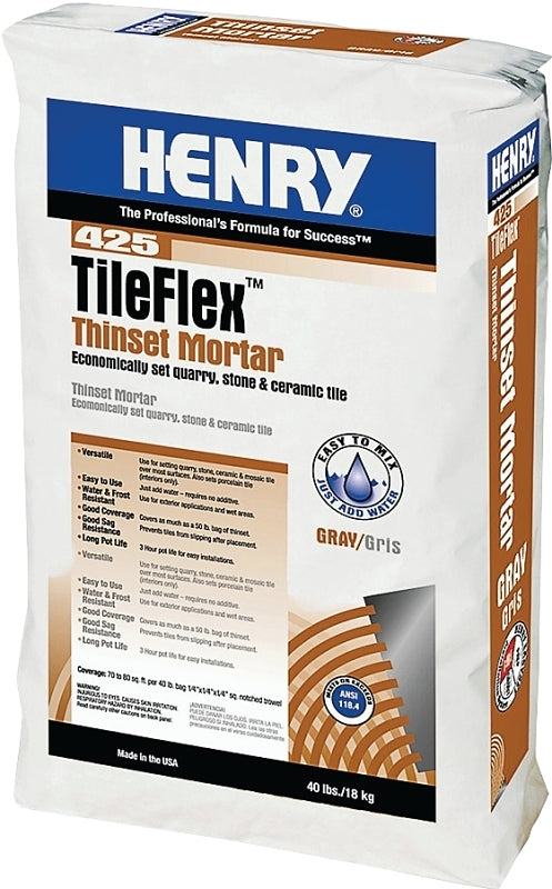 Henry 425 TileFlex Series 12260 Thin-Set Mortar, Gray, Fine Solid Powder, 40 lb, Bag