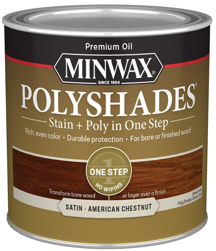 Minwax PolyShades 213754444 Wood Stain and Polyurethane, Satin, American Chestnut, Liquid, 0.5 pt, Can