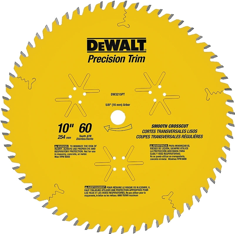 DeWALT Precision Trim DW3215PT Saw Blade, 10 in Dia, 5/8 in Arbor, 60-Teeth, Carbide Cutting Edge