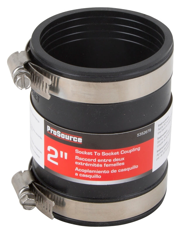 ProSource Coupling, 2 in, Socket to Socket Coupling, PVC, Black