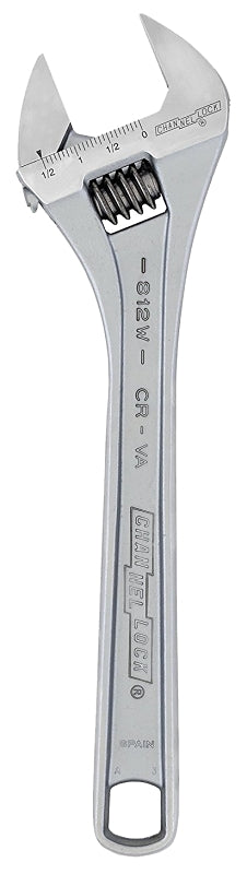 CHANNELLOCK WIDEAZZ Series 812W Adjustable Wrench, 12 in OAL, 1-1/2 in Jaw, Steel, Chrome, Plain-Grip Handle