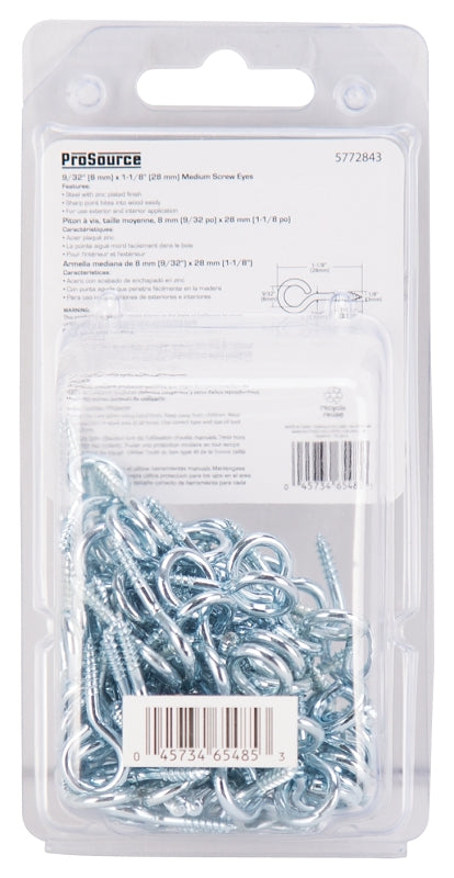 ProSource LR-222-PS Screw Eye, 2.5 mm Dia Wire, 3 mm Thread, 11/32 in L Thread, 1-1/8 in OAL, Steel, Zinc