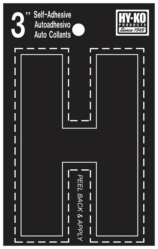 Hy-Ko 30400 Series 30418 Die-Cut Letter, Character: H, 3 in H Character, Black Character, Vinyl