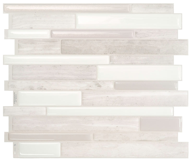 Smart Tiles Mosaik Series SM1104D-04-QG Wall Tile, 11.55 in L Tile, 9.63 in W Tile, Straight Edge, Vinyl, Beige/White