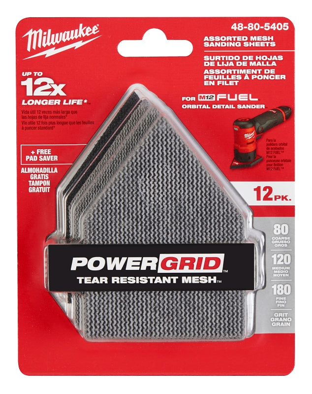 Milwaukee 48-80-5405 Mesh Sanding Sheet, 3-5/8 in W, 3-3/4 in L, 80, 120, 180 Grit, Aluminum Oxide Abrasive, Nylon Backing
