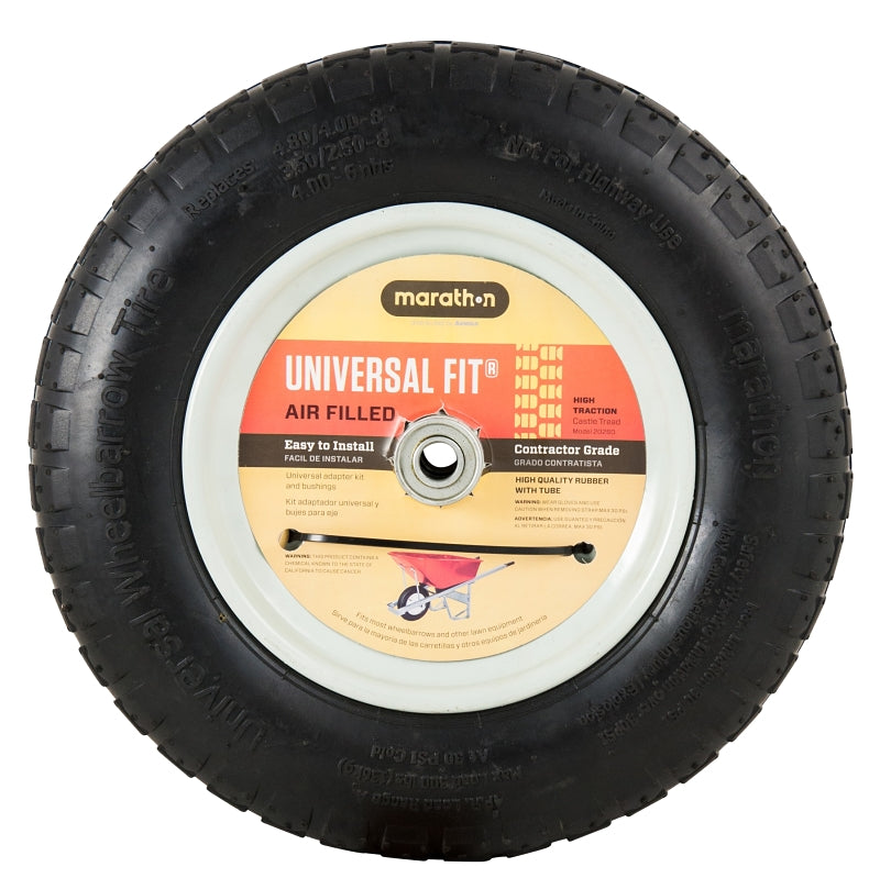MTD 20260 Wheelbarrow Wheel, 4.8/4 x 8 in Tire, 14-1/2 in Dia Tire, Knobby Tread