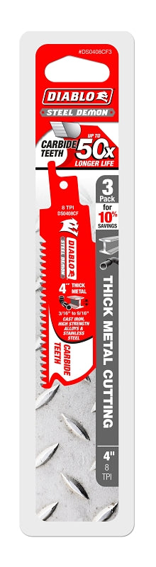 Diablo DS0408CF3 Reciprocating Saw Blade, 4 in L, 8 TPI, Carbide Cutting Edge
