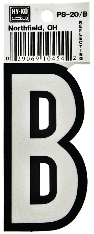 Hy-Ko PS-20/B Reflective Letter, Character: B, 3-1/4 in H Character, Black/White Character, Vinyl