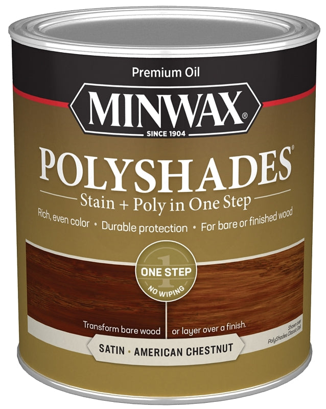 Minwax PolyShades 613750444 Wood Stain and Polyurethane, Satin, American Chestnut, Liquid, 1 qt, Can