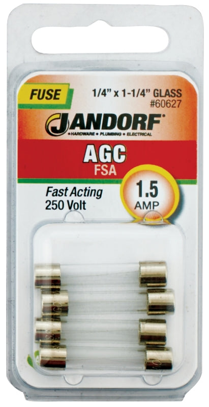 Jandorf 60627 Fast Acting Fuse, 1.5 A, 250 V, 100 A, 10 kA Interrupt, Glass Body