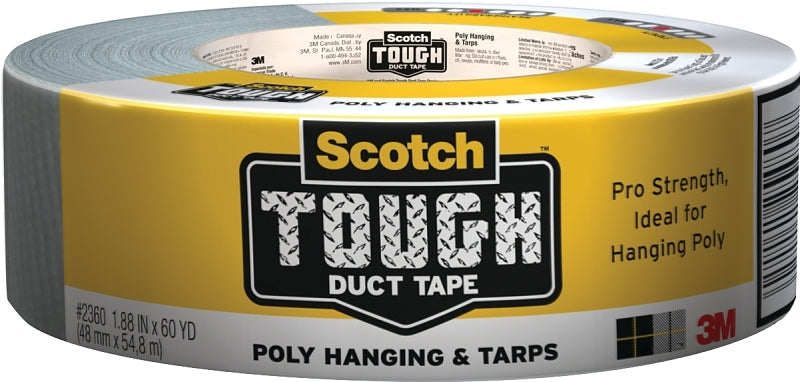 Scotch 2360-C/2360-A Tough Duct Tape, 60 yd L, 1.88 in W, Polyvinyl Backing, Gray