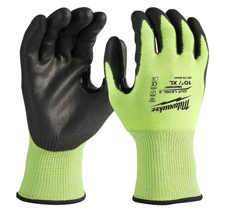 Milwaukee 48-73-8933 Dipped Gloves Unisex, XL, Elasticated Knit Cuff, Nitrile Coating, Polyurethane Glove, Yellow