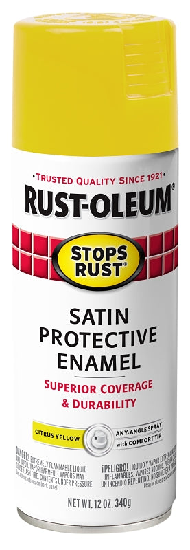 Rust-Oleum Stops Rust 365144 Protective Enamel Paint, Satin, Citrus Yellow, 12 oz, Aerosol Can