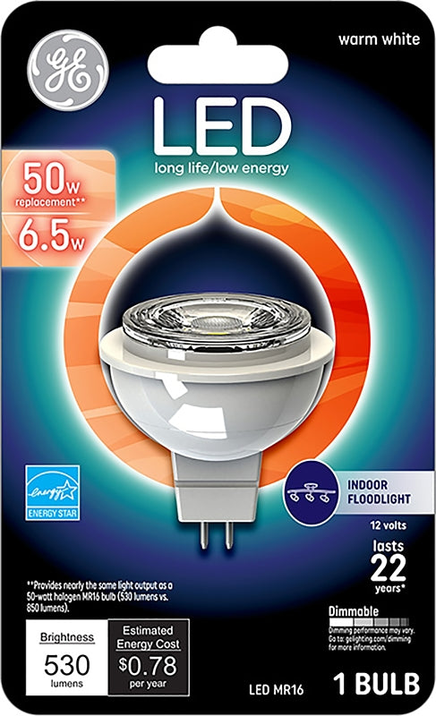 GE 93095551 LED Bulb, Track/Recessed, MR16 Lamp, 50 W Equivalent, GU5.3 Lamp Base, Dimmable, Clear, Bright White Light