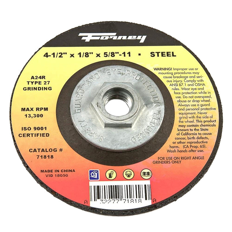 Forney 71818 Grinding Wheel, 4-1/2 in Dia, 1/8 in Thick, 5/8-11 in Arbor, Aluminum Oxide/Metal Abrasive