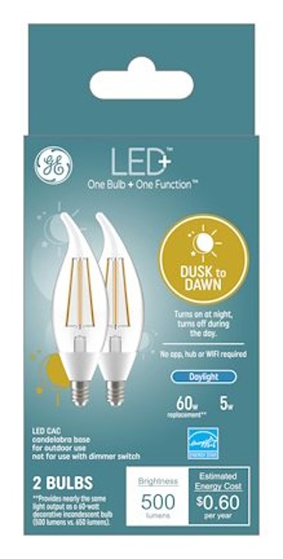 GE LED+ 93121491 Dusk To Dawn Light Bulb, CAC Lamp, 60 W Equivalent, Candelabra (E12) Lamp Base, Non-Dimmable