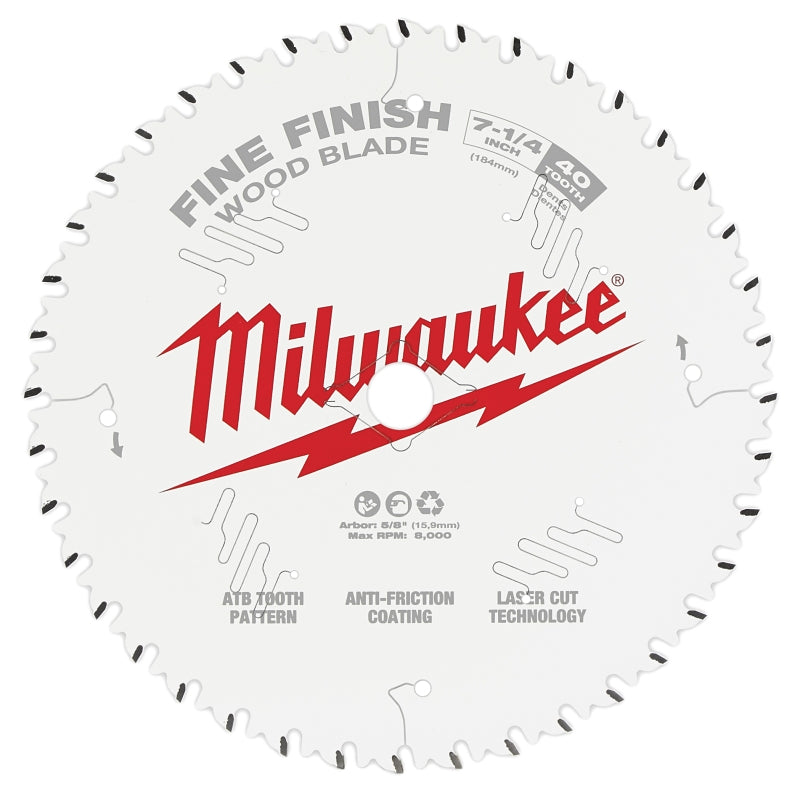 Milwaukee 48-40-0726 Circular Saw Blade, 7-1/4 in Dia, 5/8 in Arbor, 40-Teeth, Cobalt/Tungsten Carbide Cutting Edge