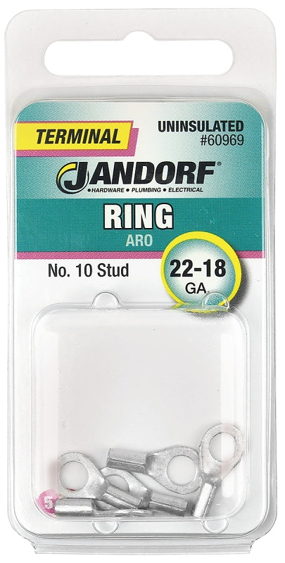 Jandorf 60969 Ring Terminal, 22 to 18 AWG Wire, #10 Stud, Copper Contact