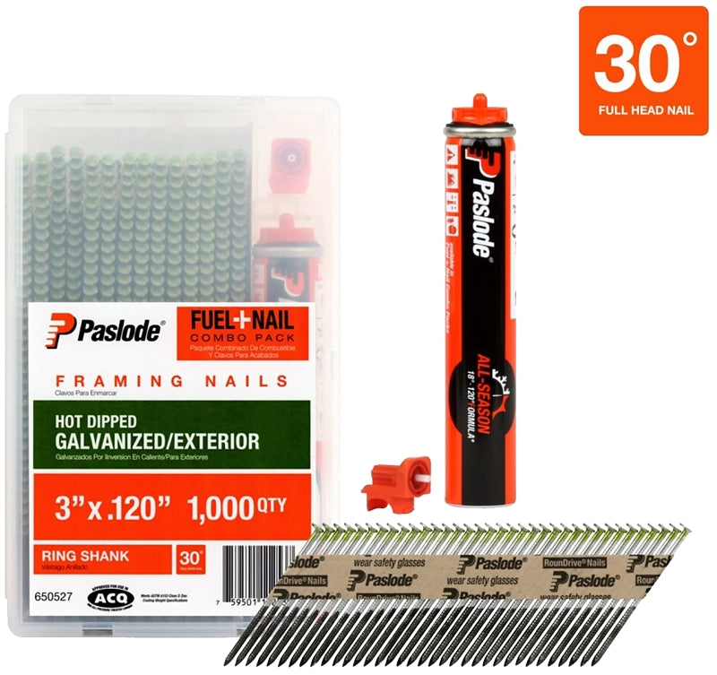 Paslode 650527 Framing Fuel and Nail Combo Pack, 3 in L, Low Carbon Steel, Hot-Dip Galvanized, Round Head, Ring Shank