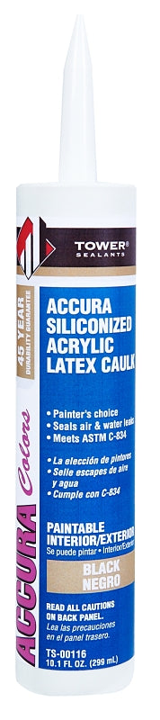 Tower Sealants ACCURA TS-00116 Silicone Caulk, Black, 7 to 14 days Curing, 40 to 140 deg F, 10.1 fl-oz Tube