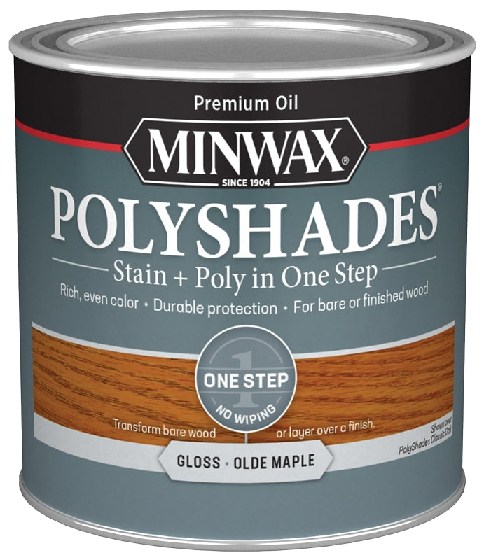 Minwax PolyShades 214304444 Wood Stain and Polyurethane, Gloss, Olde Maple, Liquid, 0.5 pt, Can