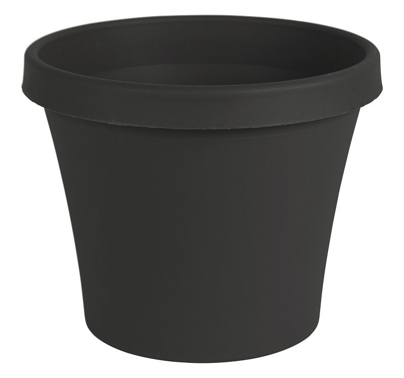 Bloem Terra TR0800 Planter, 8-3/4 in W, 8-3/4 in D, Round, Tapered Design, Plastic, Black, Matte