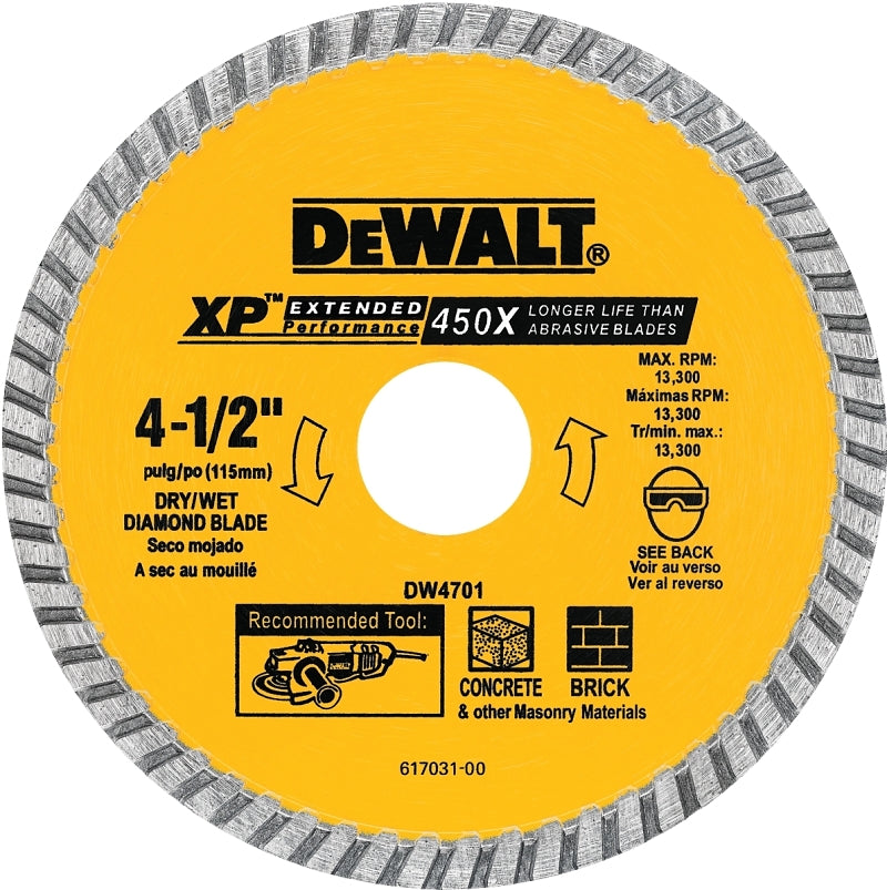 DeWALT DW4701 Circular Blade, 4-1/2 in Dia, 7/8 in Arbor, Diamond Cutting Edge, Continuous Rim