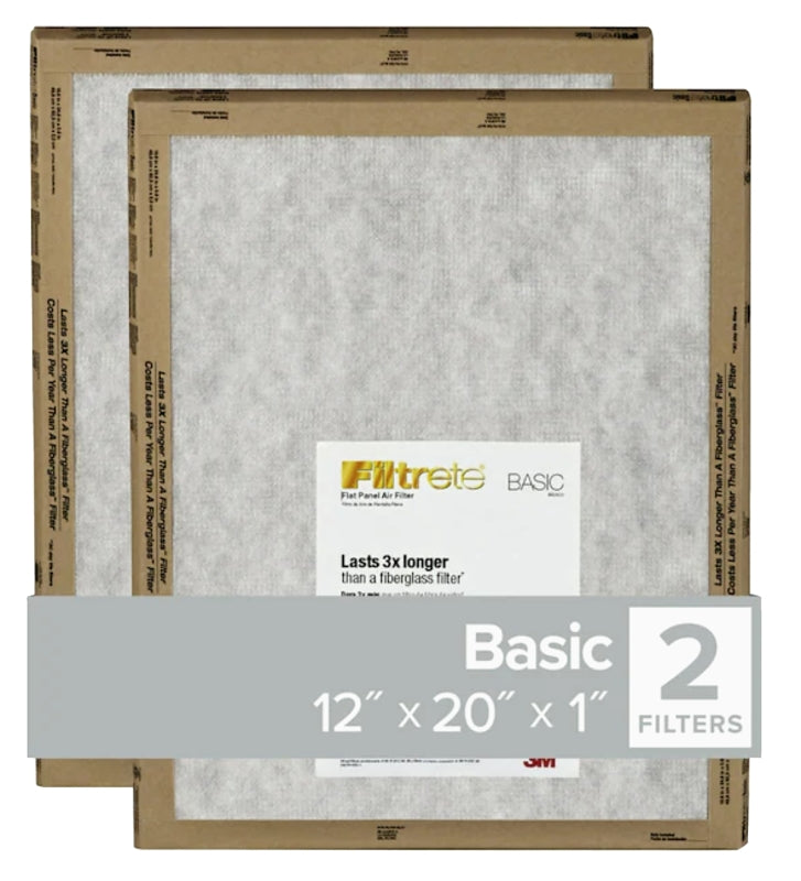 Filtrete FPL19-2PK-24 Flat Panel Air Filter, 20 in L, 12 in W, 2 MERV, For: Air Conditioner, Furnace and HVAC System