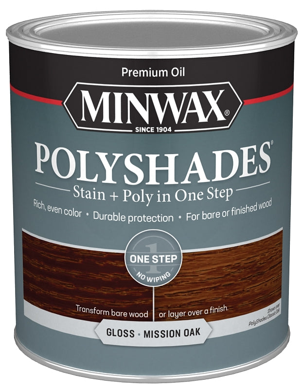 Minwax PolyShades 614850444 Wood Stain and Polyurethane, Gloss, Mission Oak, Liquid, 1 qt, Can