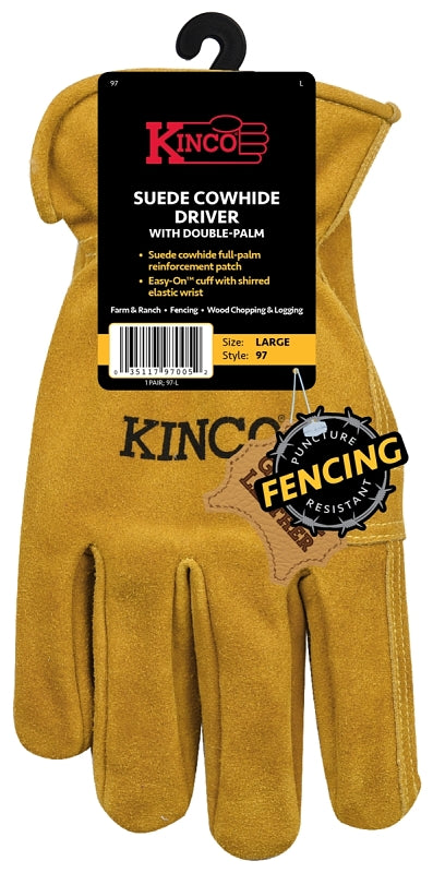 Kinco 97-M Gloves, Men's, M, Keystone Thumb, Shirred Elastic Cuff, Cowhide Leather, Gold