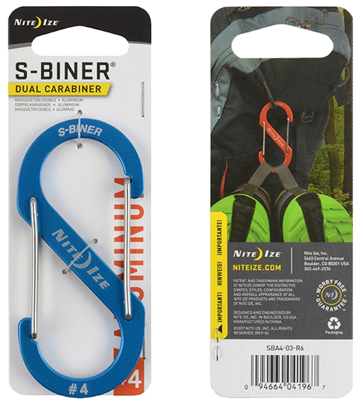 Nite Ize S-Biner Series SBA4-03-R6 Dual Carabiner, #4 Dia Ring, Aluminum, Blue