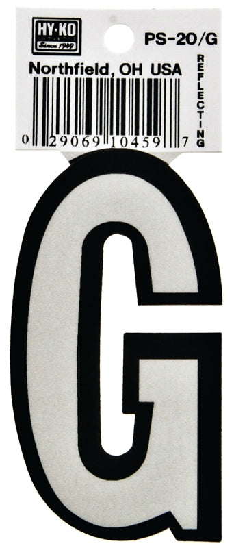Hy-Ko PS-20/G Reflective Letter, Character: G, 3-1/4 in H Character, Black/White Character, Vinyl