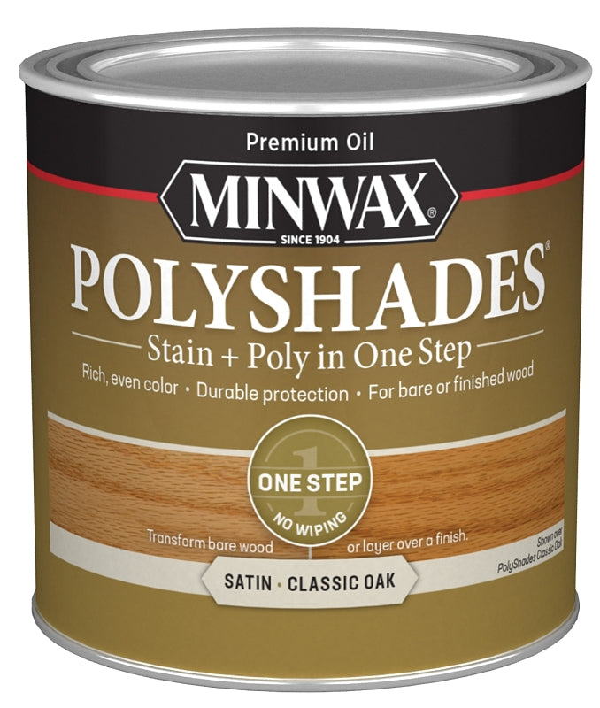 Minwax PolyShades 213704444 Wood Stain and Polyurethane, Satin, Classic Oak, Liquid, 0.5 pt, Can