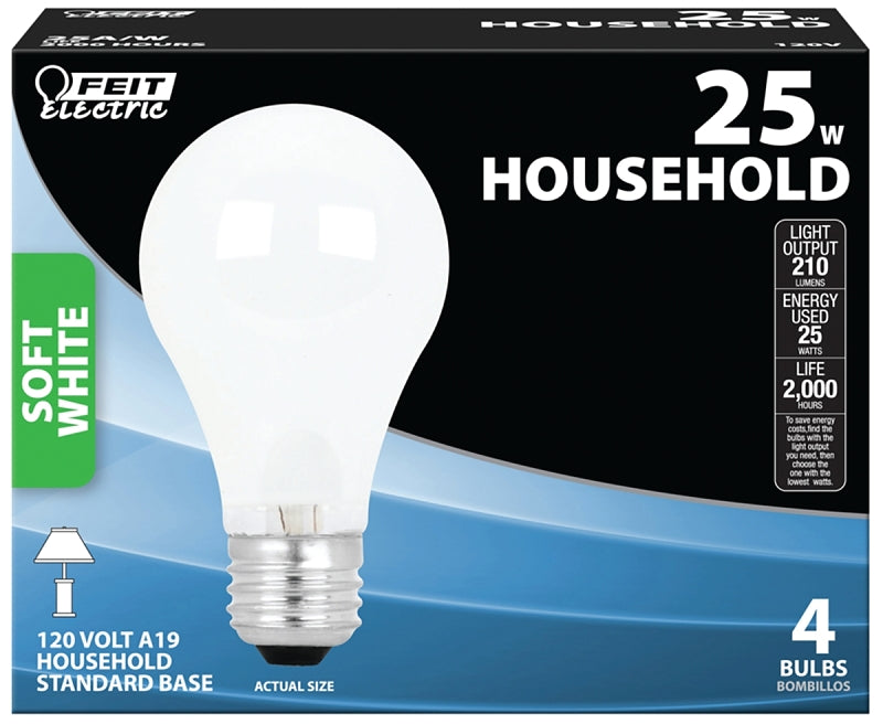 Feit Electric 25A/W/4 Incandescent Bulb, 25 W, A19 Lamp, Medium E26 Lamp Base, 210 Lumens, 2700 K Color Temp