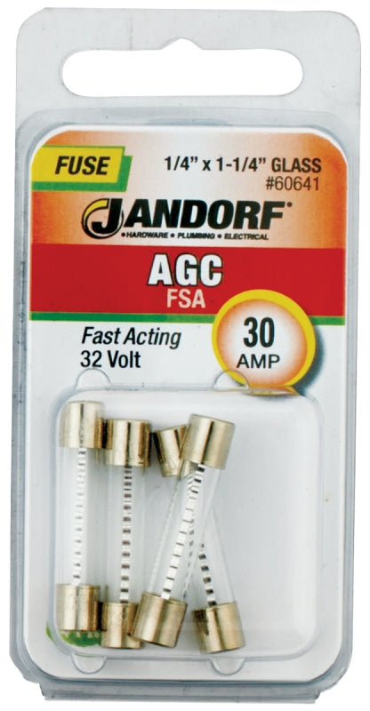 Jandorf 60641 Fast Acting Fuse, 30 A, 32 V, 1 kA Interrupt, Glass Body