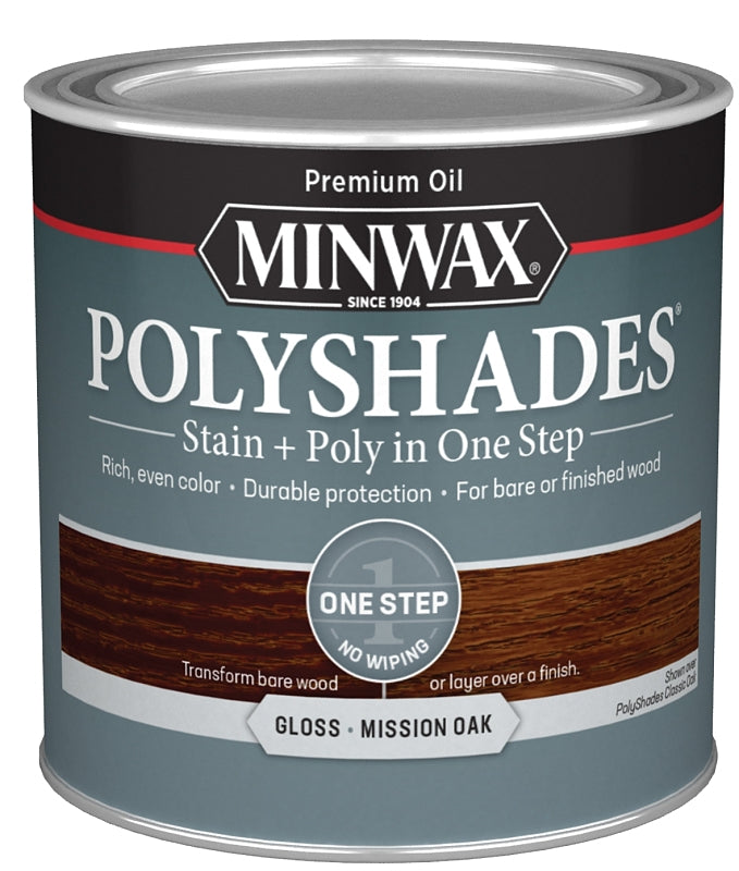 Minwax PolyShades 214854444 Wood Stain and Polyurethane, Gloss, Mission Oak, Liquid, 0.5 pt, Can