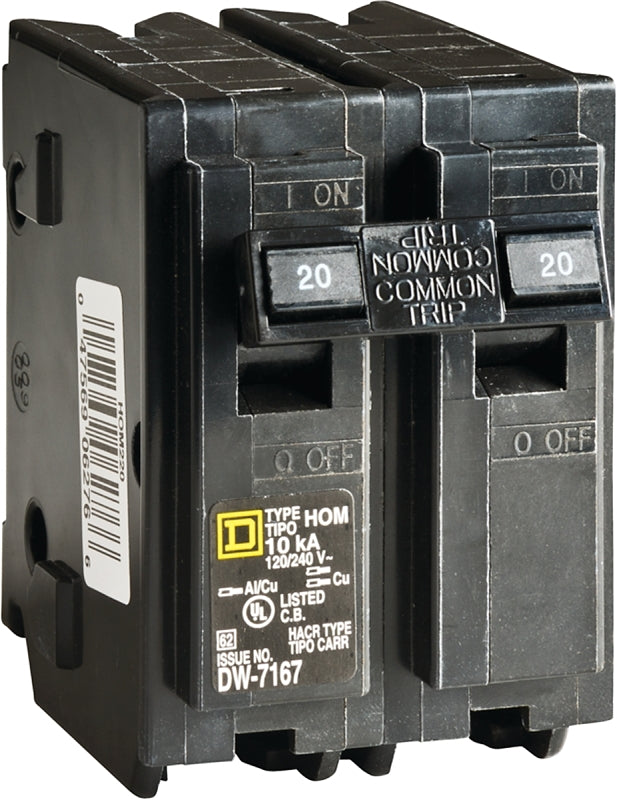 Square D Homeline HOM220CP Circuit Breaker, Mini, 20 A, 2 -Pole, 120/240 V, Fixed Trip, Plug Mounting, Black