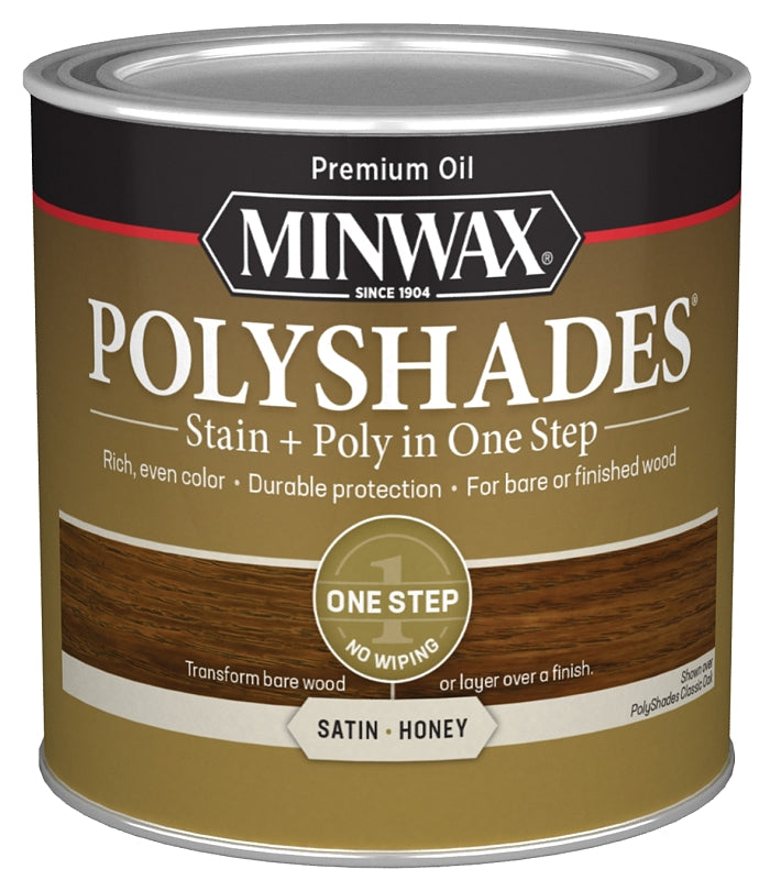 Minwax PolyShades 213964444 Stain and Polyurethane, Satin, Honey, Liquid, 0.5 pt