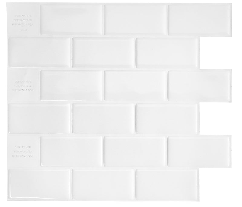 Smart Tiles Mosaik Series SM1020-4 Wall Tile, 10.95 in L Tile, 9.7 in W Tile, Straight Edge, Subway Pattern, White