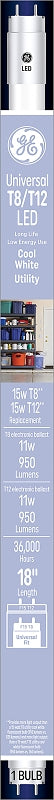GE 37178 Linear Bulb, T8 Lamp, 15 W Equivalent, Bi-Pin Lamp Base, Frosted, Cool White Light, 4000 K Color Temp