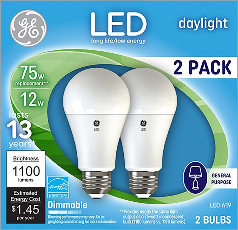 GE 93127670 Light Bulb, General-Purpose, A19 Lamp, 75 W Equivalent, Medium Lamp Base, Dimmable, Daylight