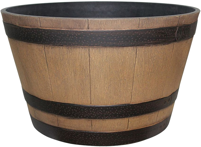 Southern Patio HDR-055440 Planter, 15.4 in W, 9.1 in D, Round, Whiskey Barrel Design, Plastic, Natural Oak