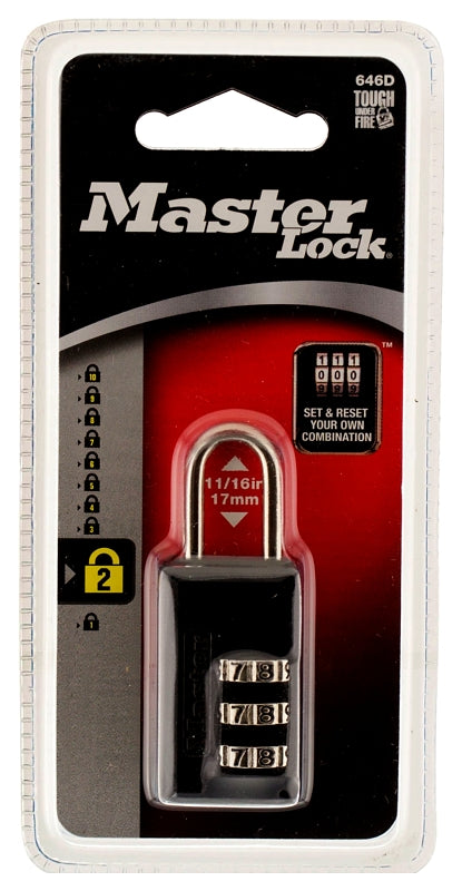 Master Lock 646D Padlock, 1/8 in Dia Shackle, 11/16 in H Shackle, Steel Shackle, Zinc Body, 13/16 in W Body