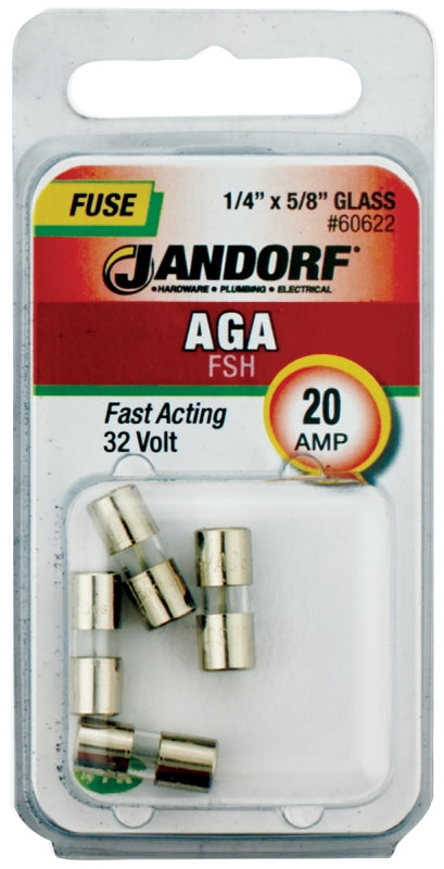 Jandorf 60622 Fast Acting Fuse, 20 A, 32 V, 1 kA Interrupt, Glass Body