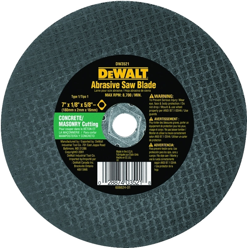 DeWALT HIGH PERFORMANCE DW3521 Abrasive Saw Blade, 7 in Dia, 5/8 in Arbor, Aluminum Oxide Cutting Edge
