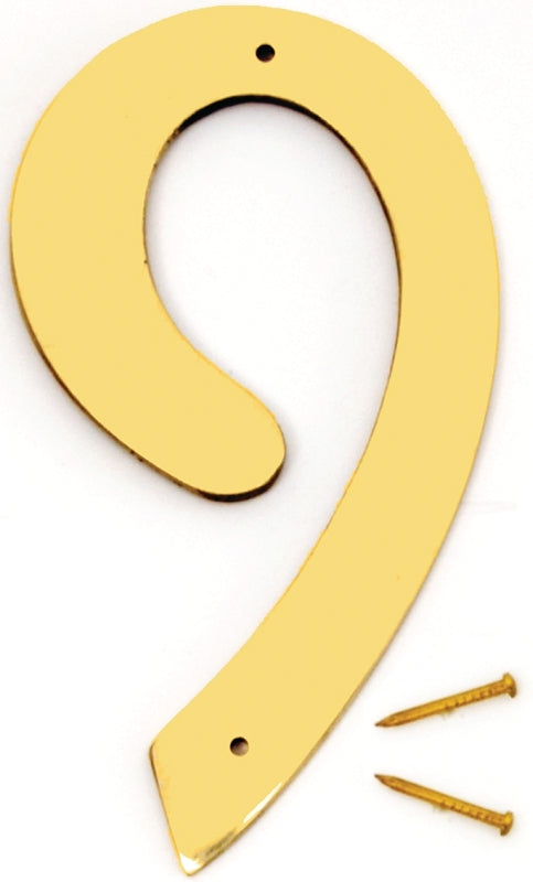 Hy-Ko BR-40/9 House Number, Character: 9, 4 in H Character, 2-1/2 in W Character, Brass Character, Brass